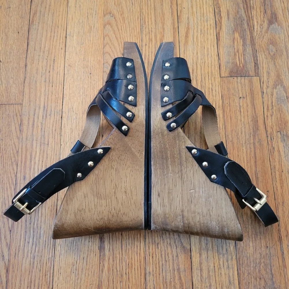 Michael Kors 10 Wedge Sandals Black Leather Wood Platform Open Toe Inglewood